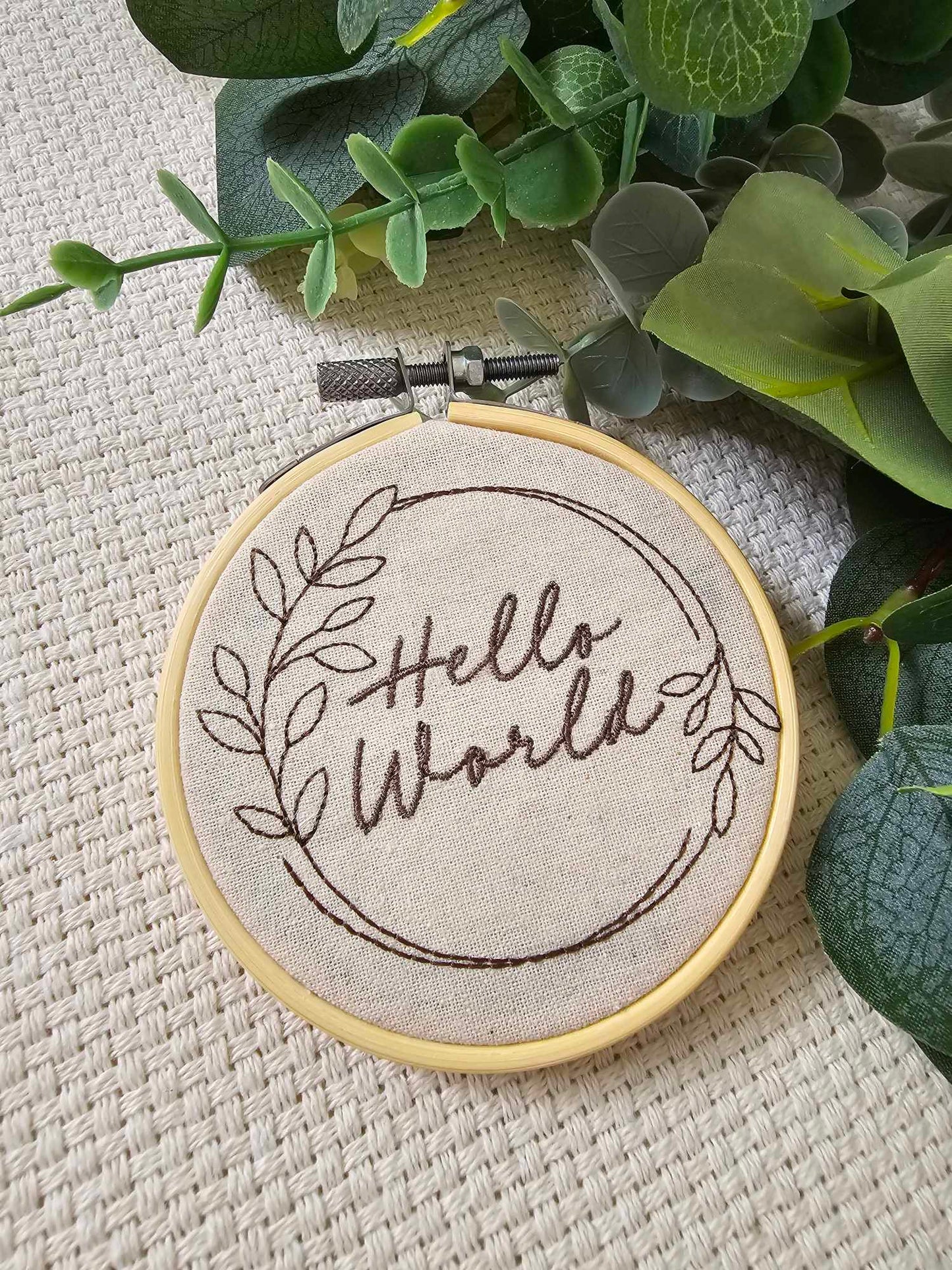 "Hello World" Embroidered Hoop